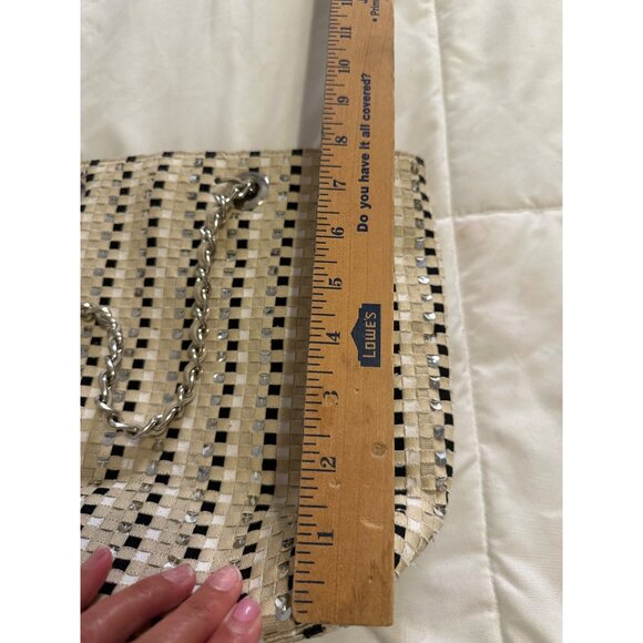 Talbots Woven Sequin-Accented Handbag Chain Straps Beige Black Elegant Tote Bag - Picture 4 of 11